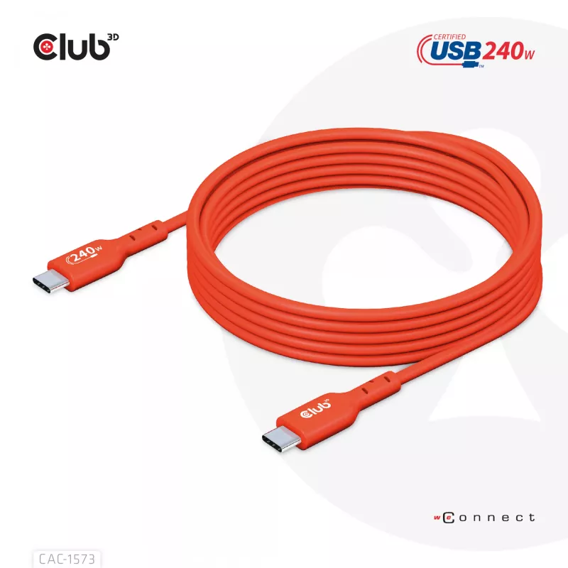 USB-C–USB-C dvikryptis kabelis CLUB3D CAC-1573, USB4 Gen 2x2, 2 m, raudonas, PD iki 240 W