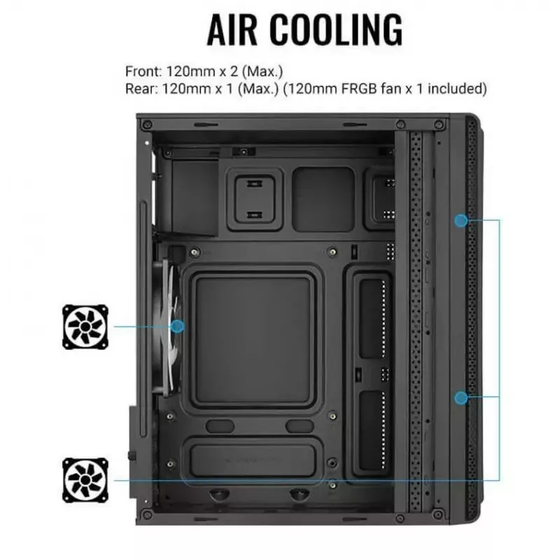 PC korpusas AEROCOOL PGS Evo Mini-G (Mini ITX) — juodas, SPCC, šoninis langas, mėlynas apšvietimas, palaiko micro ATX, GPU iki 26 cm