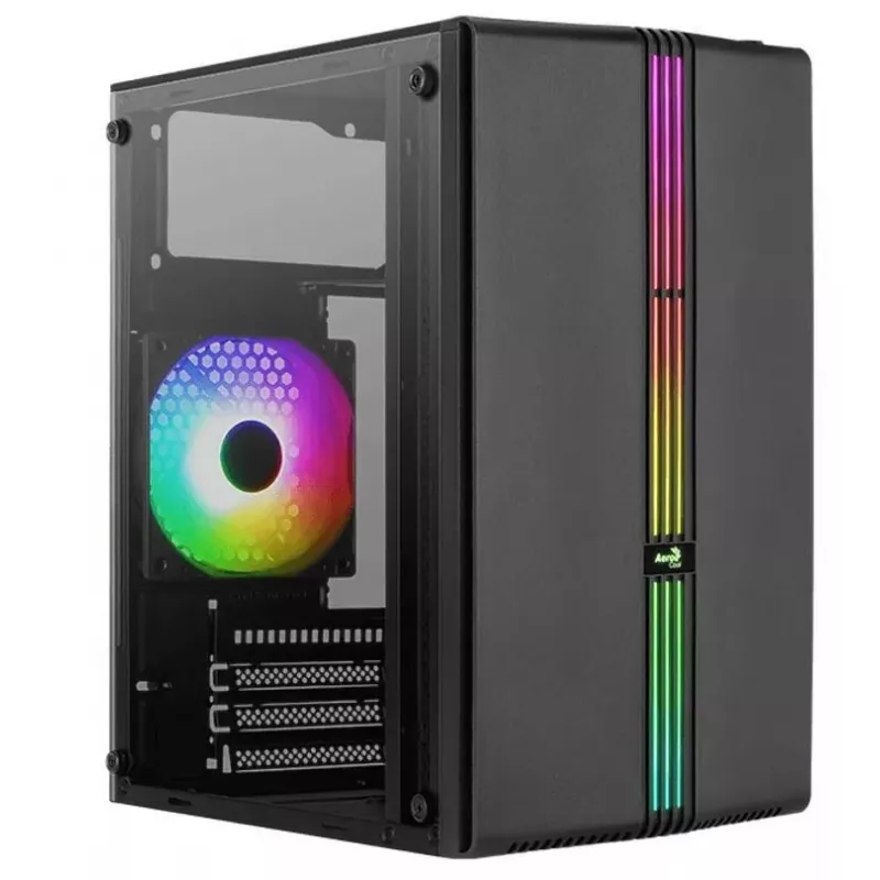 PC korpusas AEROCOOL PGS Evo Mini-G (Mini ITX) — juodas, SPCC, šoninis langas, mėlynas apšvietimas, palaiko micro ATX, GPU iki 26 cm