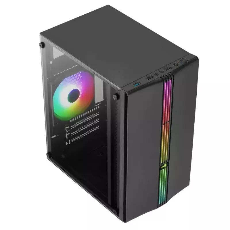PC korpusas AEROCOOL PGS Evo Mini-G (Mini ITX) — juodas, SPCC, šoninis langas, mėlynas apšvietimas, palaiko micro ATX, GPU iki 26 cm