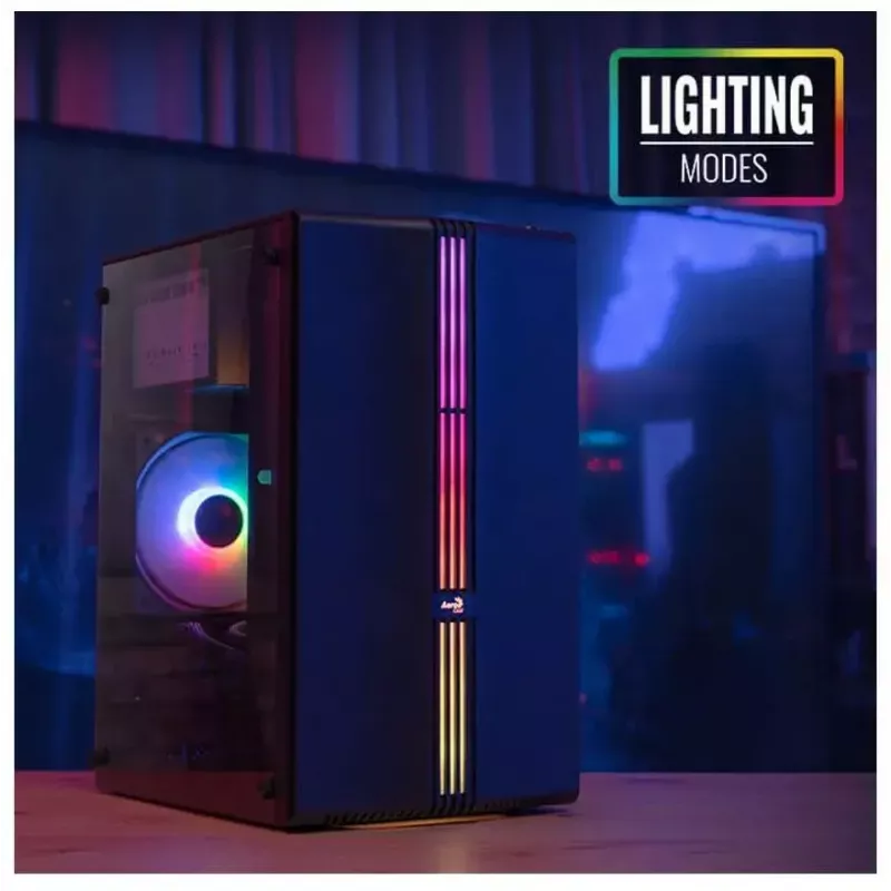 PC korpusas AEROCOOL PGS Evo Mini-G (Mini ITX) — juodas, SPCC, šoninis langas, mėlynas apšvietimas, palaiko micro ATX, GPU iki 26 cm