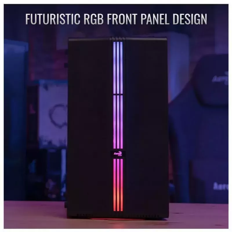 PC korpusas AEROCOOL PGS Evo Mini-G (Mini ITX) — juodas, SPCC, šoninis langas, mėlynas apšvietimas, palaiko micro ATX, GPU iki 26 cm