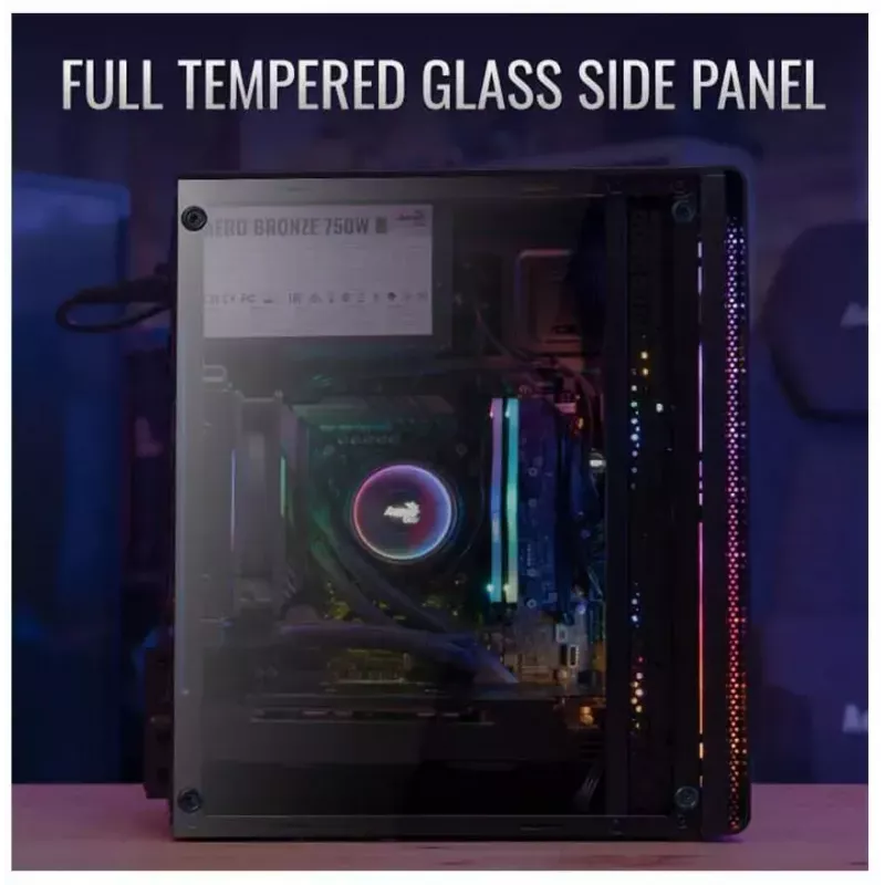 PC korpusas AEROCOOL PGS Evo Mini-G (Mini ITX) — juodas, SPCC, šoninis langas, mėlynas apšvietimas, palaiko micro ATX, GPU iki 26 cm