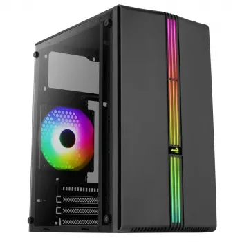 PC korpusas AEROCOOL PGS Evo Mini-G (Mini ITX) — juodas, SPCC, šoninis langas, mėlynas apšvietimas, palaiko micro ATX, GPU iki 26 cm