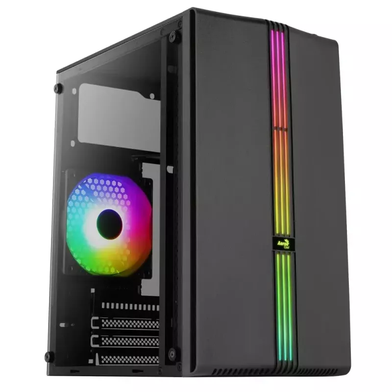 PC korpusas AEROCOOL PGS Evo Mini-G (Mini ITX) — juodas, SPCC, šoninis langas, mėlynas apšvietimas, palaiko micro ATX, GPU iki 26 cm