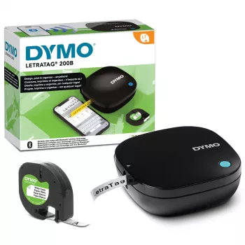 DYMO LetraTag 200B Bluetooth etikečių spausdintuvas | Kompaktiškas etikečių spausdintuvas | Prisijungia per Bluetooth belaidę technologiją prie iOS ir Android | Komplekte 1 balto popieriaus etikečių juosta | Juodas