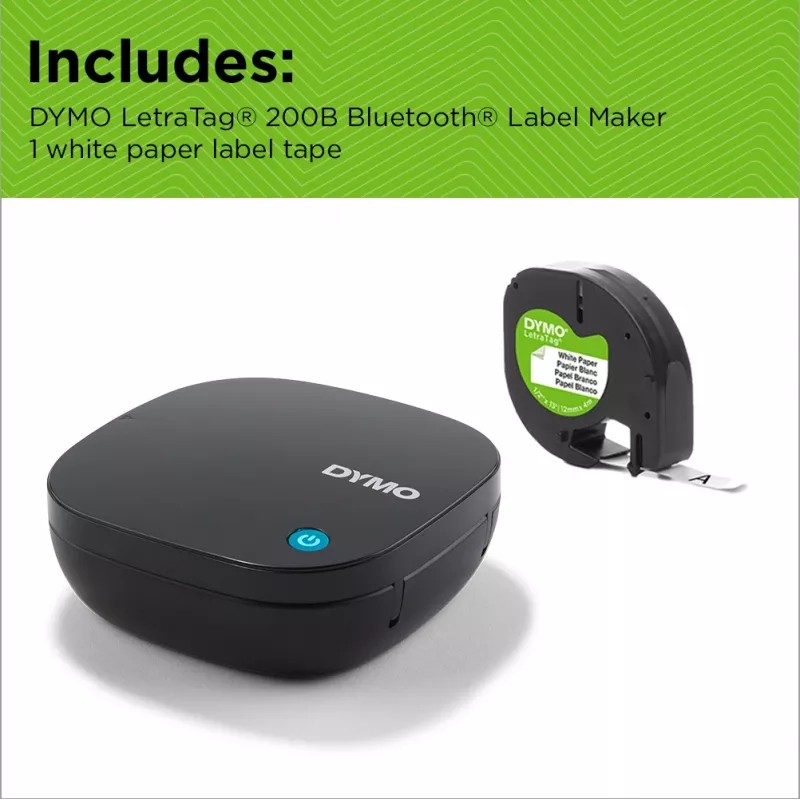 DYMO LetraTag 200B Bluetooth etikečių spausdintuvas | Kompaktiškas etikečių spausdintuvas | Prisijungia per Bluetooth belaidę technologiją prie iOS ir Android | Komplekte 1 balto popieriaus etikečių juosta | Juodas