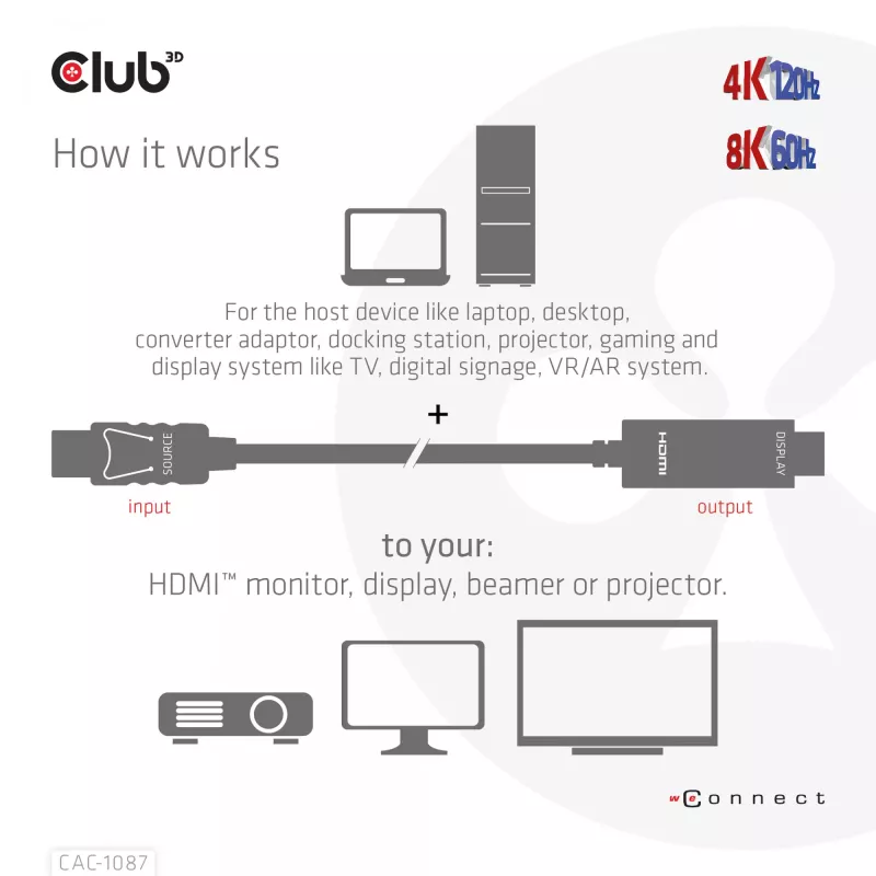 CLUB3D DisplayPort 1.4 į HDMI 4K120Hz arba 8K60Hz HDR10 kabelis M/M 3 m/9,84 pėd.