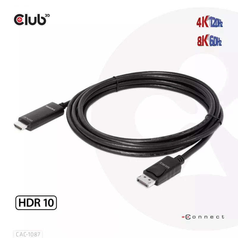 CLUB3D DisplayPort 1.4 į HDMI 4K120Hz arba 8K60Hz HDR10 kabelis M/M 3 m/9,84 pėd.