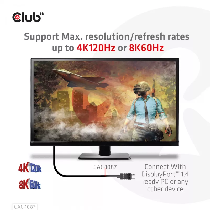 CLUB3D DisplayPort 1.4 į HDMI 4K120Hz arba 8K60Hz HDR10 kabelis M/M 3 m/9,84 pėd.