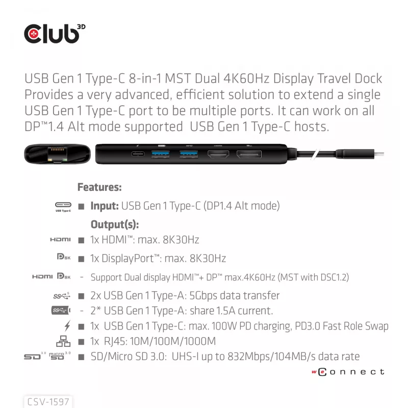 CLUB3D USB Gen 1 Type-C 8-in-1 MST Dual 4K60Hz Display Travel Dock