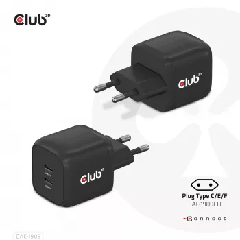 CLUB3D kelioninis įkroviklis PPS 45W GAN technologija, dvigubas USB Type-C prievadas, Power Delivery (PD) 3.0 palaikymas