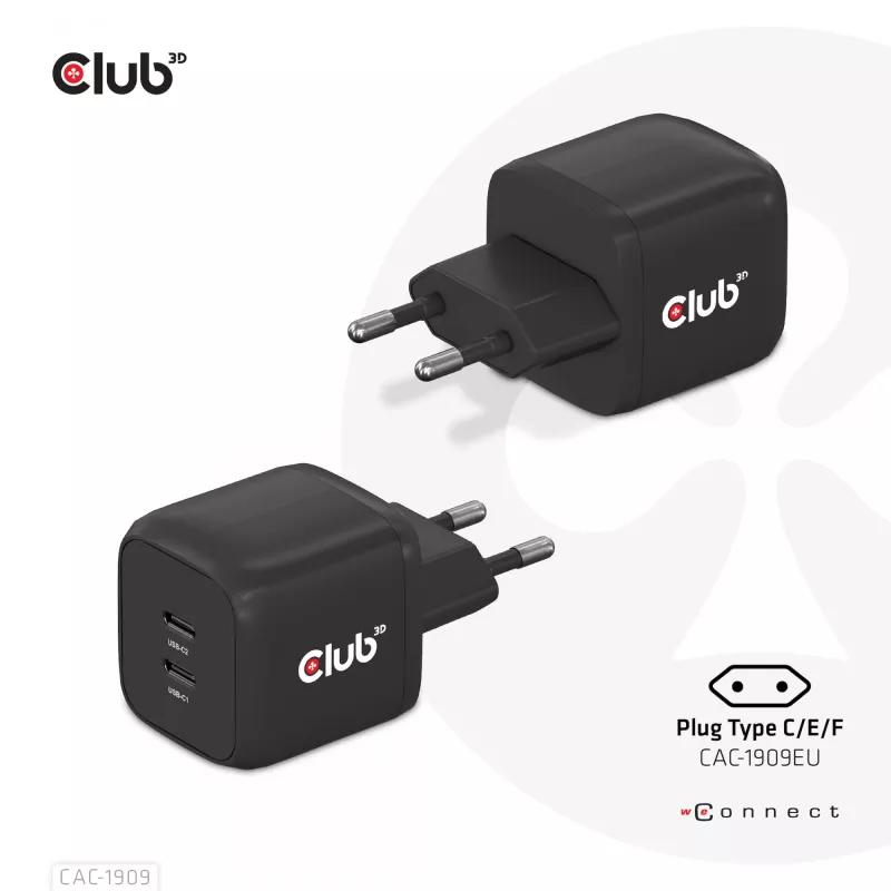CLUB3D kelioninis įkroviklis PPS 45W GAN technologija, dvigubas USB Type-C prievadas, Power Delivery (PD) 3.0 palaikymas