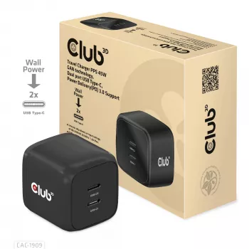 CLUB3D kelioninis įkroviklis PPS 45W GAN technologija, dvigubas USB Type-C prievadas, Power Delivery (PD) 3.0 palaikymas