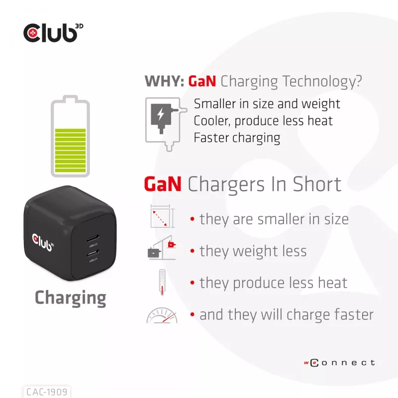 CLUB3D kelioninis įkroviklis PPS 45W GAN technologija, dvigubas USB Type-C prievadas, Power Delivery (PD) 3.0 palaikymas