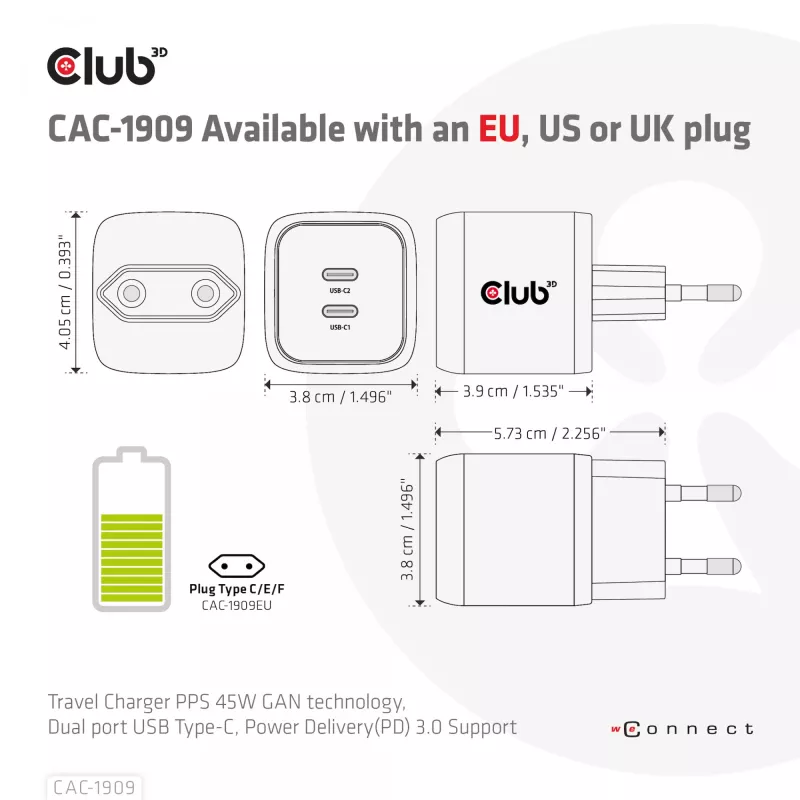 CLUB3D kelioninis įkroviklis PPS 45W GAN technologija, dvigubas USB Type-C prievadas, Power Delivery (PD) 3.0 palaikymas