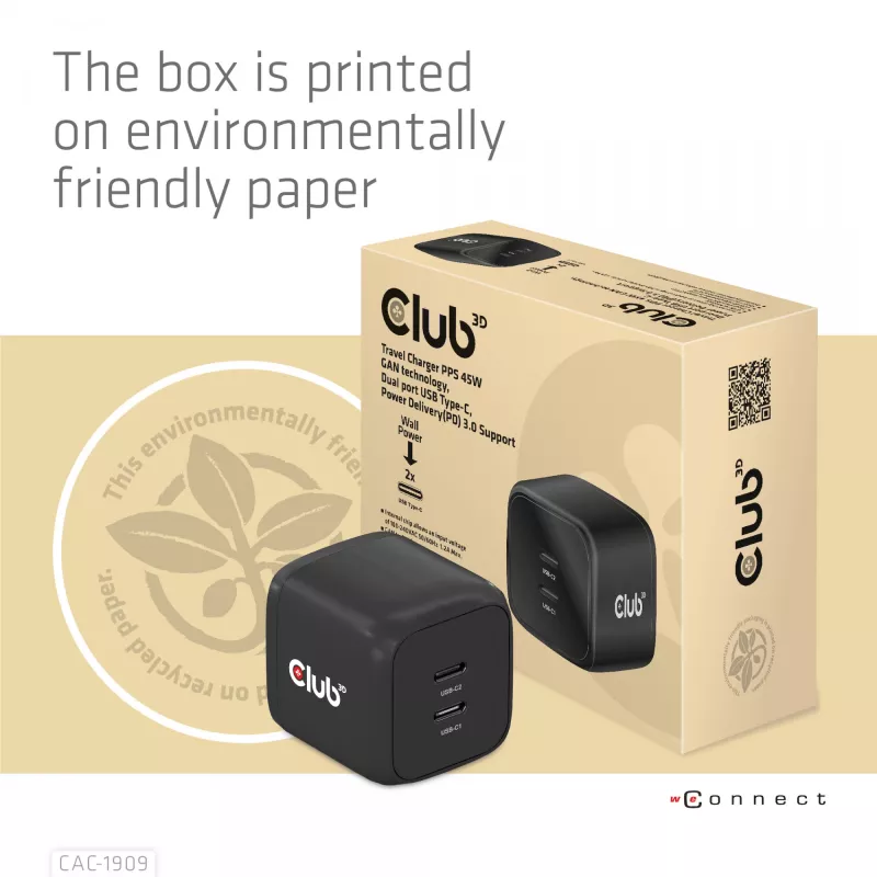 CLUB3D kelioninis įkroviklis PPS 45W GAN technologija, dvigubas USB Type-C prievadas, Power Delivery (PD) 3.0 palaikymas