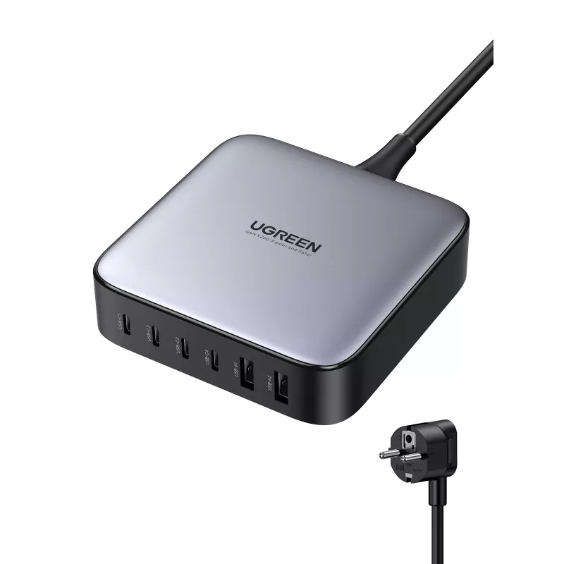 Ugreen 40914 Nexode 200W GaN stalinis USB-C USB-A įkroviklis, naudojimui patalpose, AC, 21 V, 5 A, 2 m, juoda, pilka