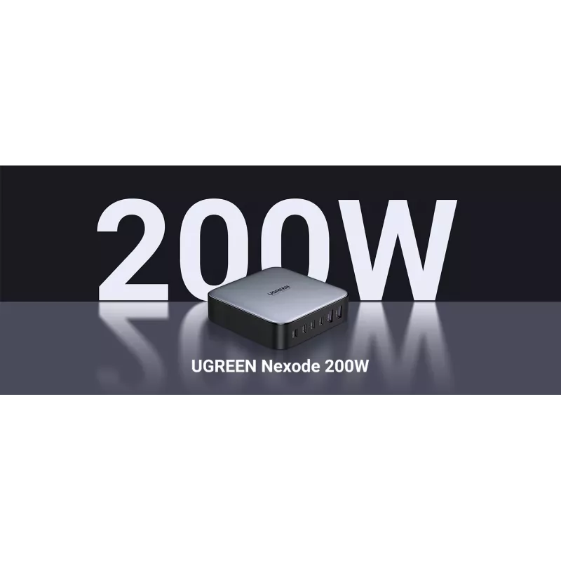 Ugreen 40914 Nexode 200W GaN stalinis USB-C USB-A įkroviklis, naudojimui patalpose, AC, 21 V, 5 A, 2 m, juoda, pilka