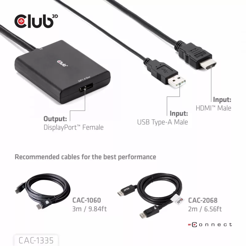 CLUB3D HDMI + Micro USB to DisplayPort™ 4K120Hz arba 8K30Hz M/F aktyvus adapteris