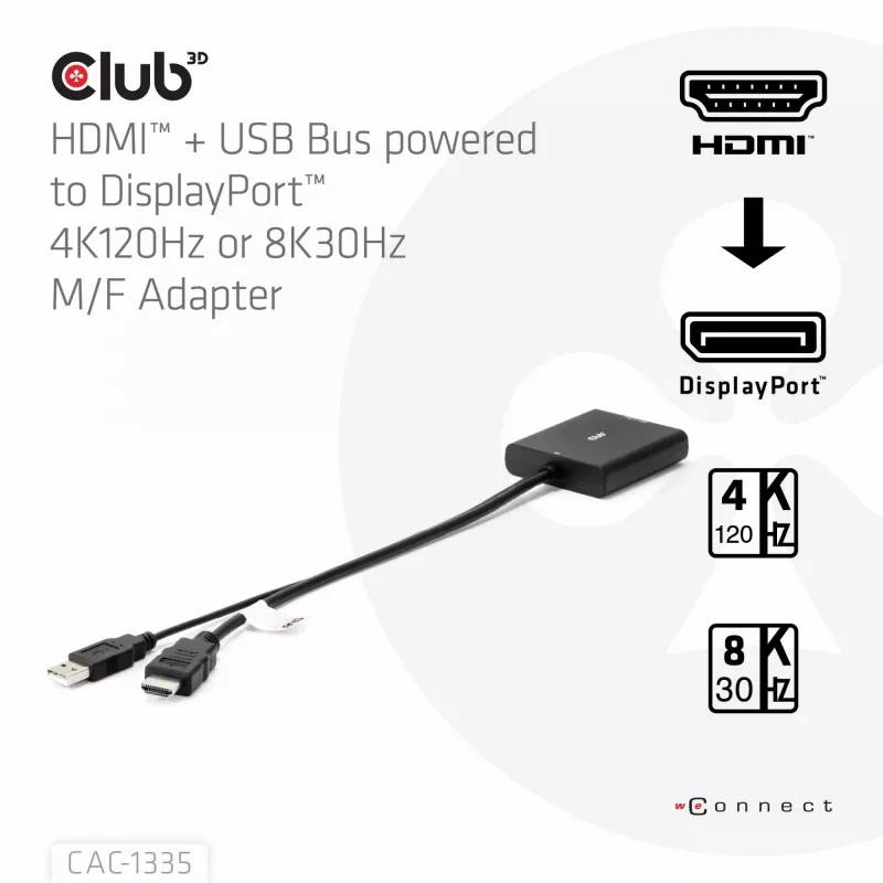 CLUB3D HDMI + Micro USB to DisplayPort™ 4K120Hz arba 8K30Hz M/F aktyvus adapteris