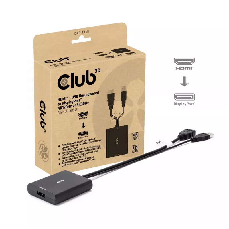 CLUB3D HDMI + Micro USB to DisplayPort™ 4K120Hz arba 8K30Hz M/F aktyvus adapteris