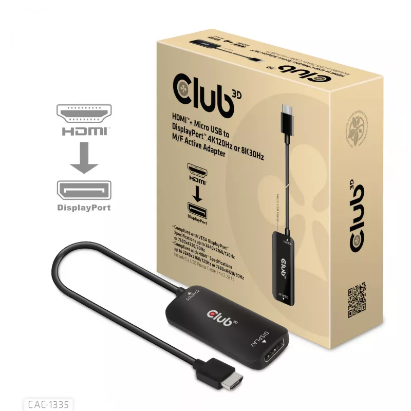 CLUB3D HDMI + Micro USB to DisplayPort™ 4K120Hz arba 8K30Hz M/F aktyvus adapteris