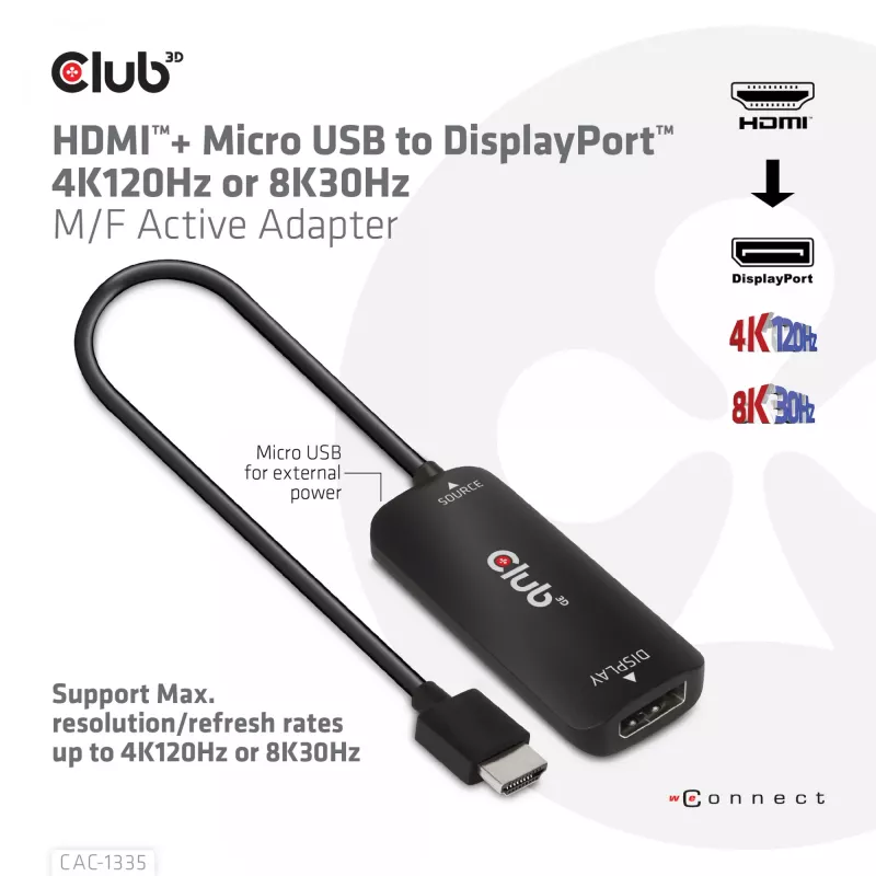 CLUB3D HDMI + Micro USB to DisplayPort™ 4K120Hz arba 8K30Hz M/F aktyvus adapteris