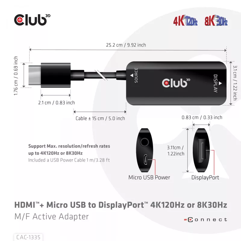 CLUB3D HDMI + Micro USB to DisplayPort™ 4K120Hz arba 8K30Hz M/F aktyvus adapteris