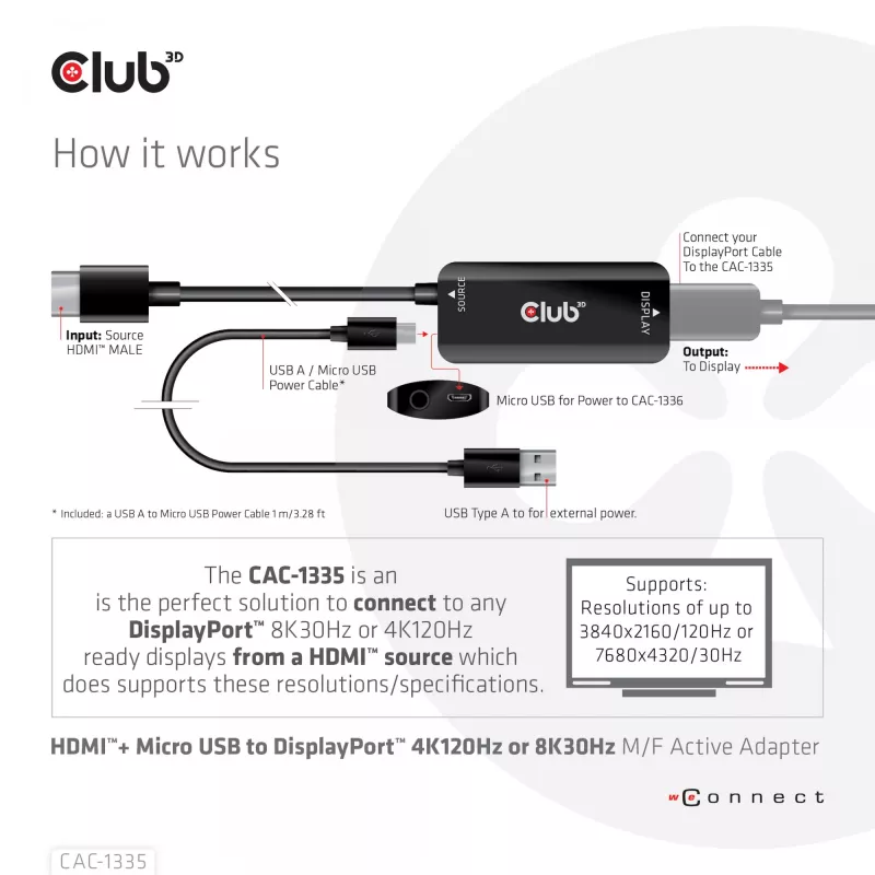 CLUB3D HDMI + Micro USB to DisplayPort™ 4K120Hz arba 8K30Hz M/F aktyvus adapteris