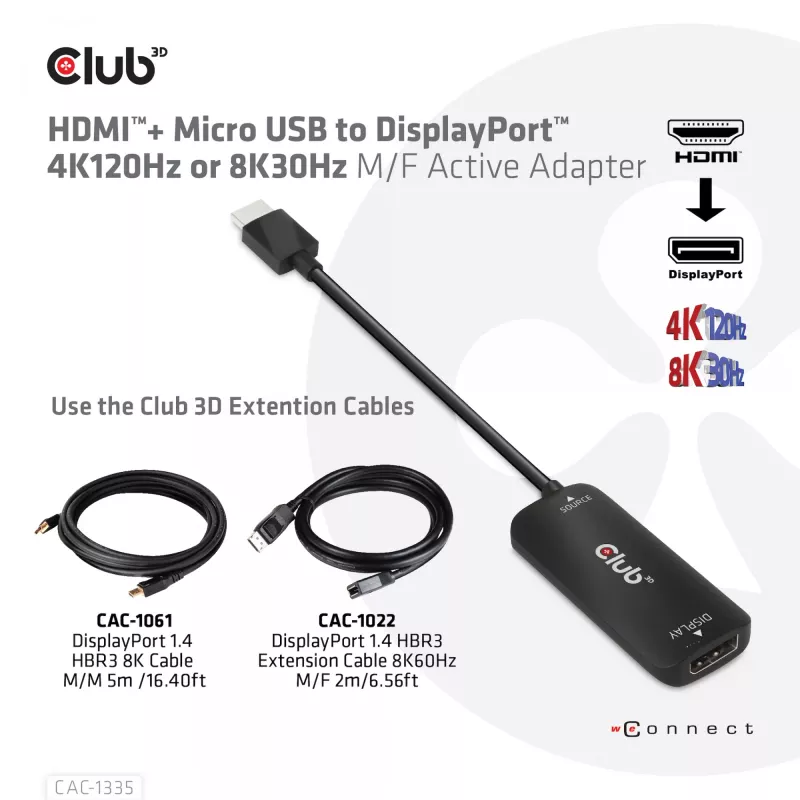 CLUB3D HDMI + Micro USB to DisplayPort™ 4K120Hz arba 8K30Hz M/F aktyvus adapteris