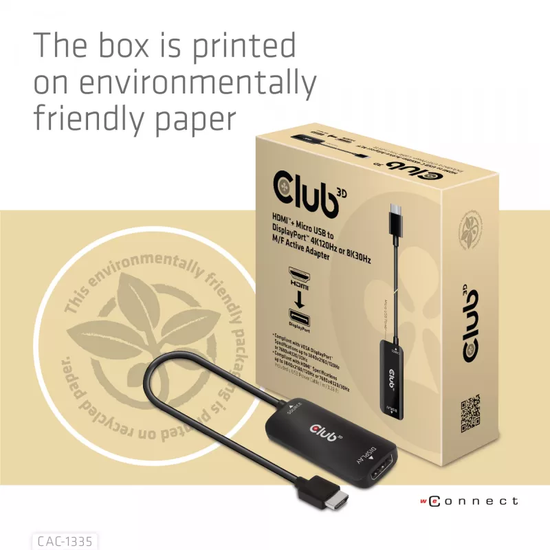 CLUB3D HDMI + Micro USB to DisplayPort™ 4K120Hz arba 8K30Hz M/F aktyvus adapteris