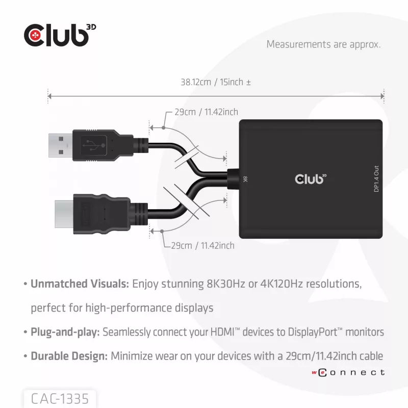 CLUB3D HDMI + Micro USB to DisplayPort™ 4K120Hz arba 8K30Hz M/F aktyvus adapteris