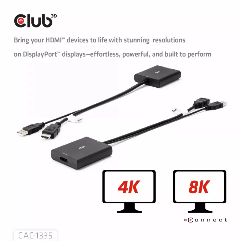 CLUB3D HDMI + Micro USB to DisplayPort™ 4K120Hz arba 8K30Hz M/F aktyvus adapteris