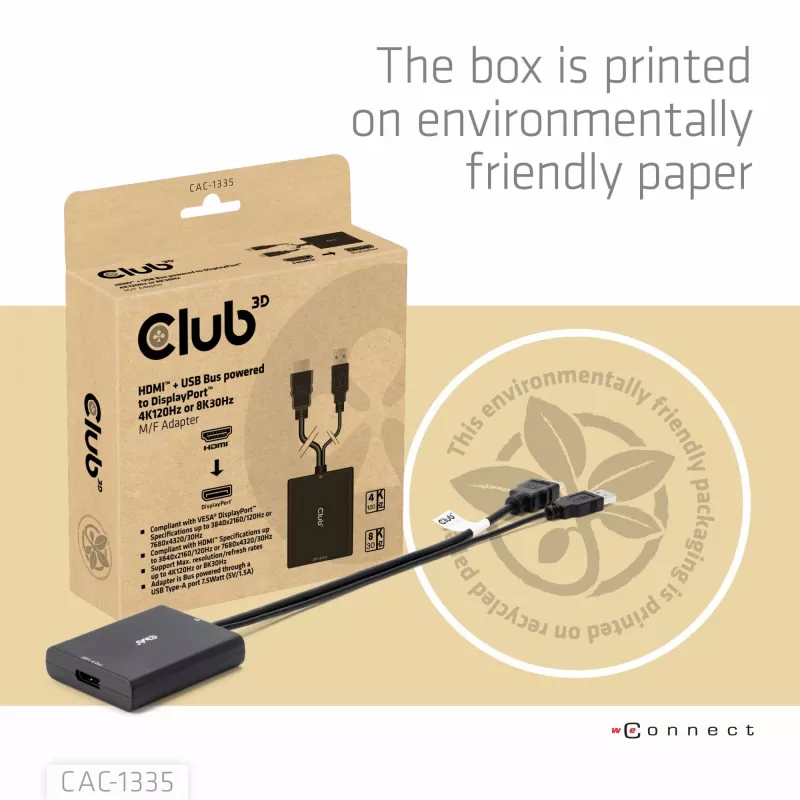 CLUB3D HDMI + Micro USB to DisplayPort™ 4K120Hz arba 8K30Hz M/F aktyvus adapteris