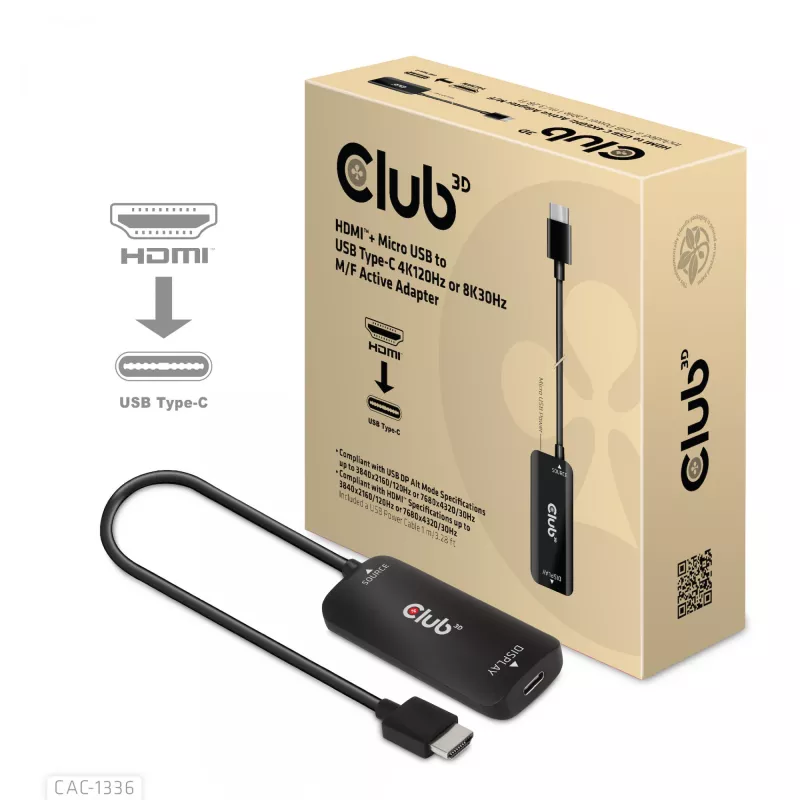 CLUB3D HDMI + Micro USB į USB Type-C 4K120Hz arba 8K30Hz M/F aktyvus adapteris