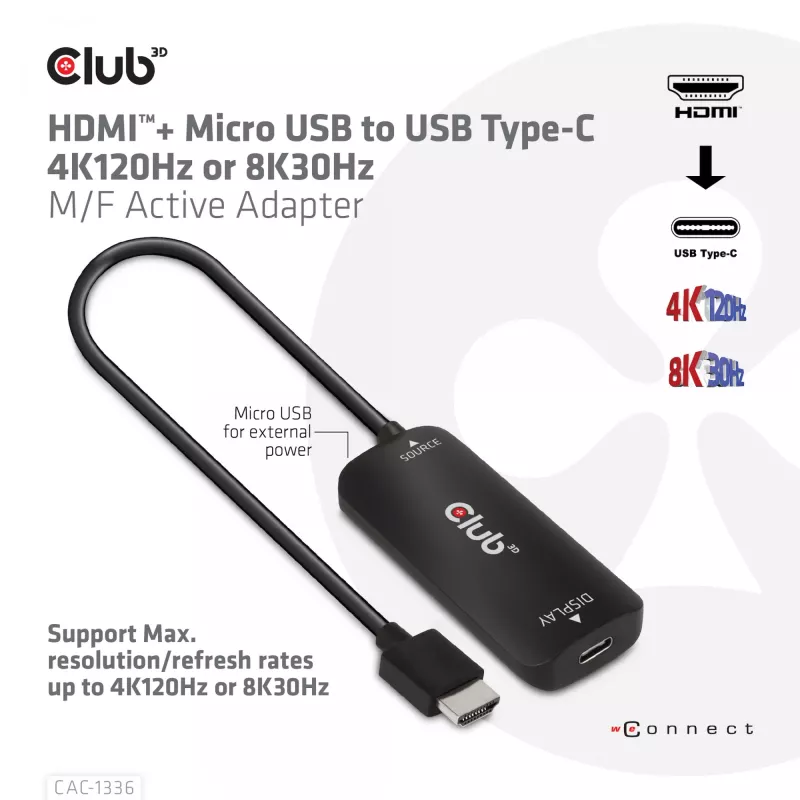 CLUB3D HDMI + Micro USB į USB Type-C 4K120Hz arba 8K30Hz M/F aktyvus adapteris