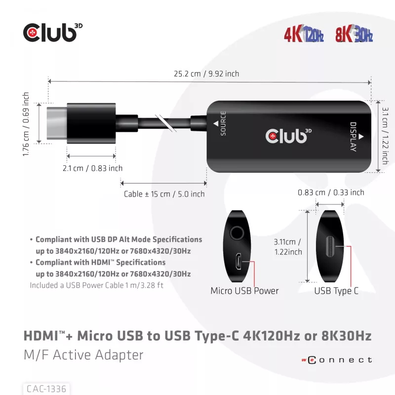 CLUB3D HDMI + Micro USB į USB Type-C 4K120Hz arba 8K30Hz M/F aktyvus adapteris