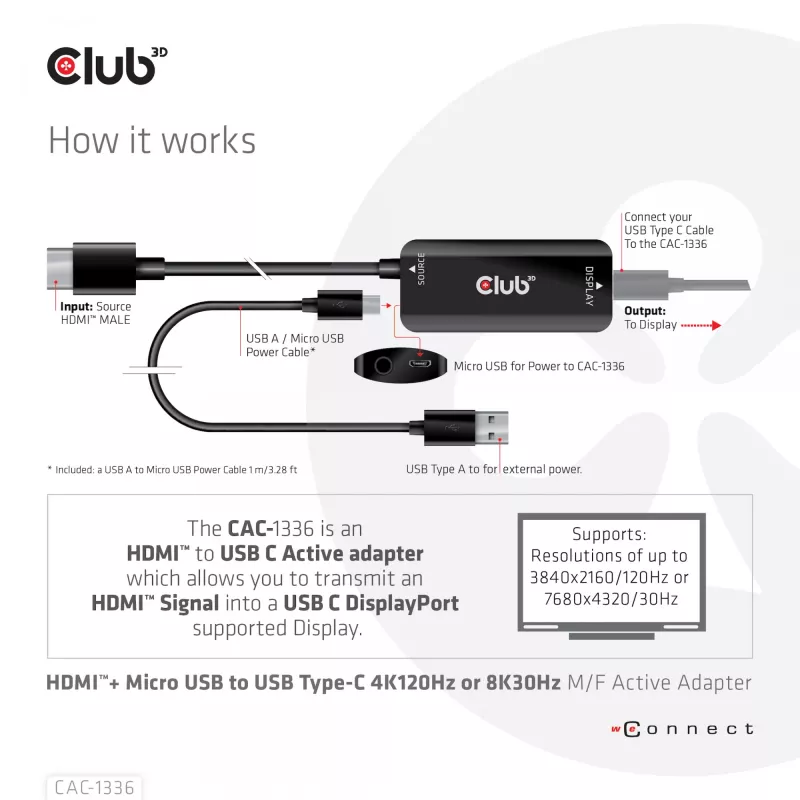 CLUB3D HDMI + Micro USB į USB Type-C 4K120Hz arba 8K30Hz M/F aktyvus adapteris