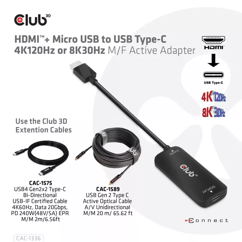 CLUB3D HDMI + Micro USB į USB Type-C 4K120Hz arba 8K30Hz M/F aktyvus adapteris