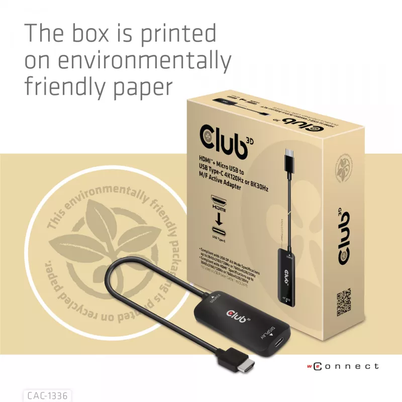 CLUB3D HDMI + Micro USB į USB Type-C 4K120Hz arba 8K30Hz M/F aktyvus adapteris