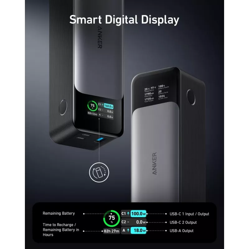 Nešiojamas įkroviklis Anker 737 (A1289011) — 24000 mAh, 140 W, 2× USB-C + 1× USB-A, sidabrinė/juoda