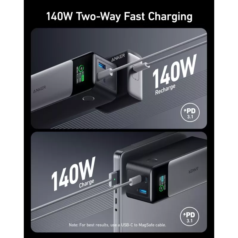 Nešiojamas įkroviklis Anker 737 (A1289011) — 24000 mAh, 140 W, 2× USB-C + 1× USB-A, sidabrinė/juoda