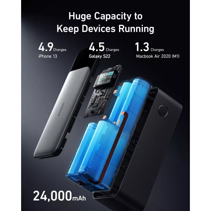 Nešiojamas įkroviklis Anker 737 (A1289011) — 24000 mAh, 140 W, 2× USB-C + 1× USB-A, sidabrinė/juoda