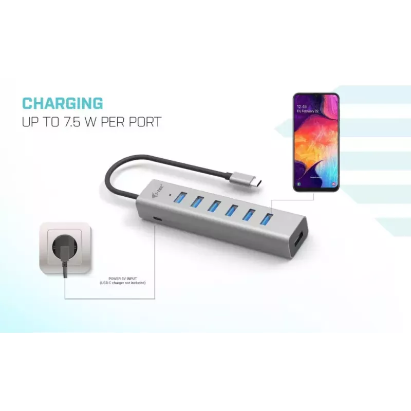 i-tec USB-C įkrovimo metalinis šakotuvas 7 prievadų USB 3.2 Gen 1 Type-C Type-A