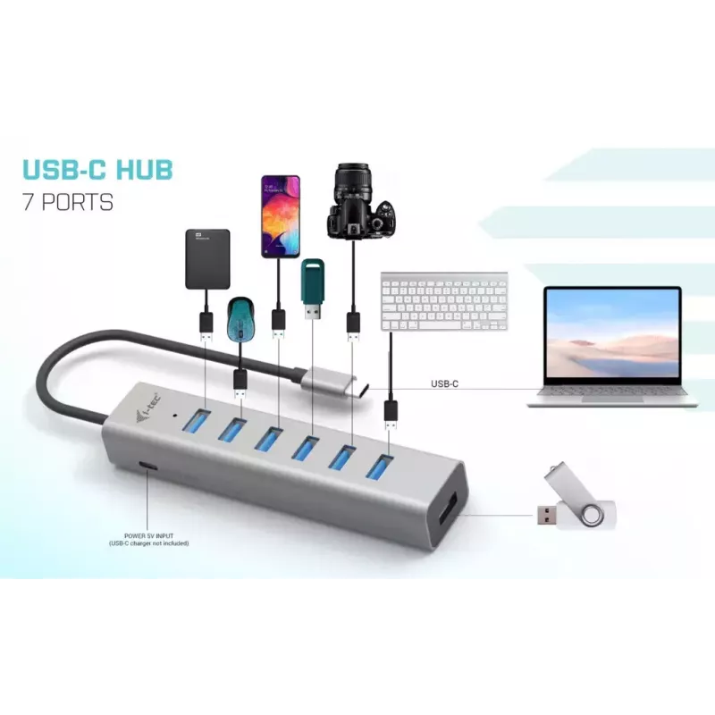 i-tec USB-C įkrovimo metalinis šakotuvas 7 prievadų USB 3.2 Gen 1 Type-C Type-A