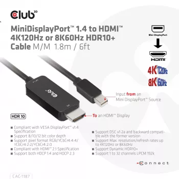 CLUB3D MiniDisplayPort 1.4 į HDMI 4K120Hz arba 8K60Hz HDR10+ kabelis M/M 1,8 m / 6 pėdos