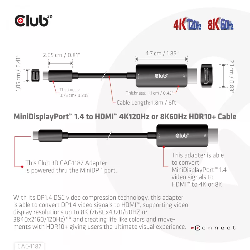 CLUB3D MiniDisplayPort 1.4 į HDMI 4K120Hz arba 8K60Hz HDR10+ kabelis M/M 1,8 m / 6 pėdos