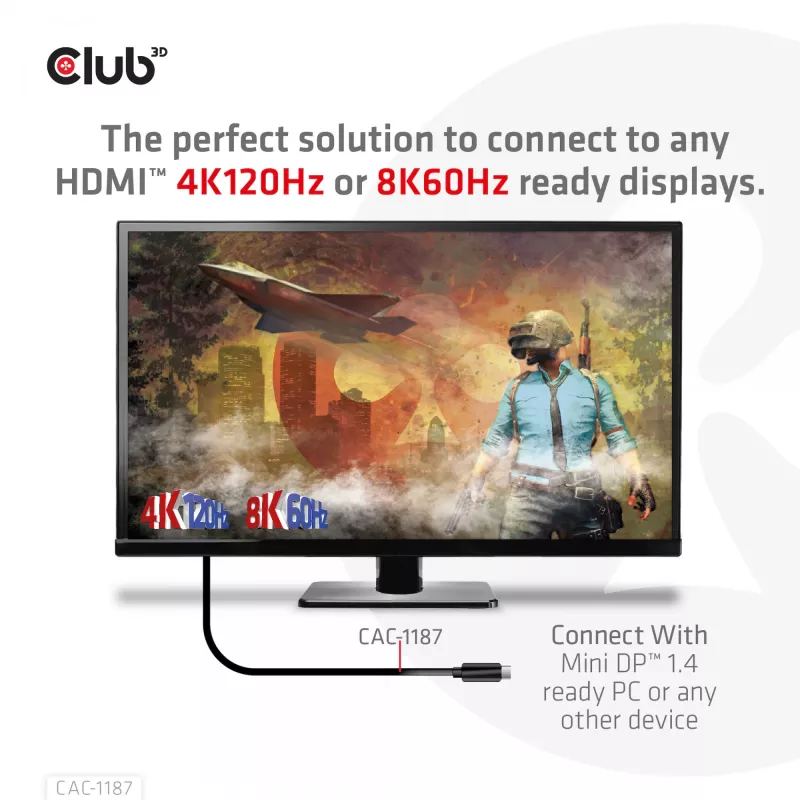 CLUB3D MiniDisplayPort 1.4 į HDMI 4K120Hz arba 8K60Hz HDR10+ kabelis M/M 1,8 m / 6 pėdos