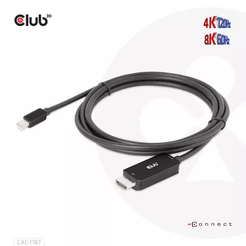CLUB3D MiniDisplayPort 1.4 į HDMI 4K120Hz arba 8K60Hz HDR10+ kabelis M/M 1,8 m / 6 pėdos